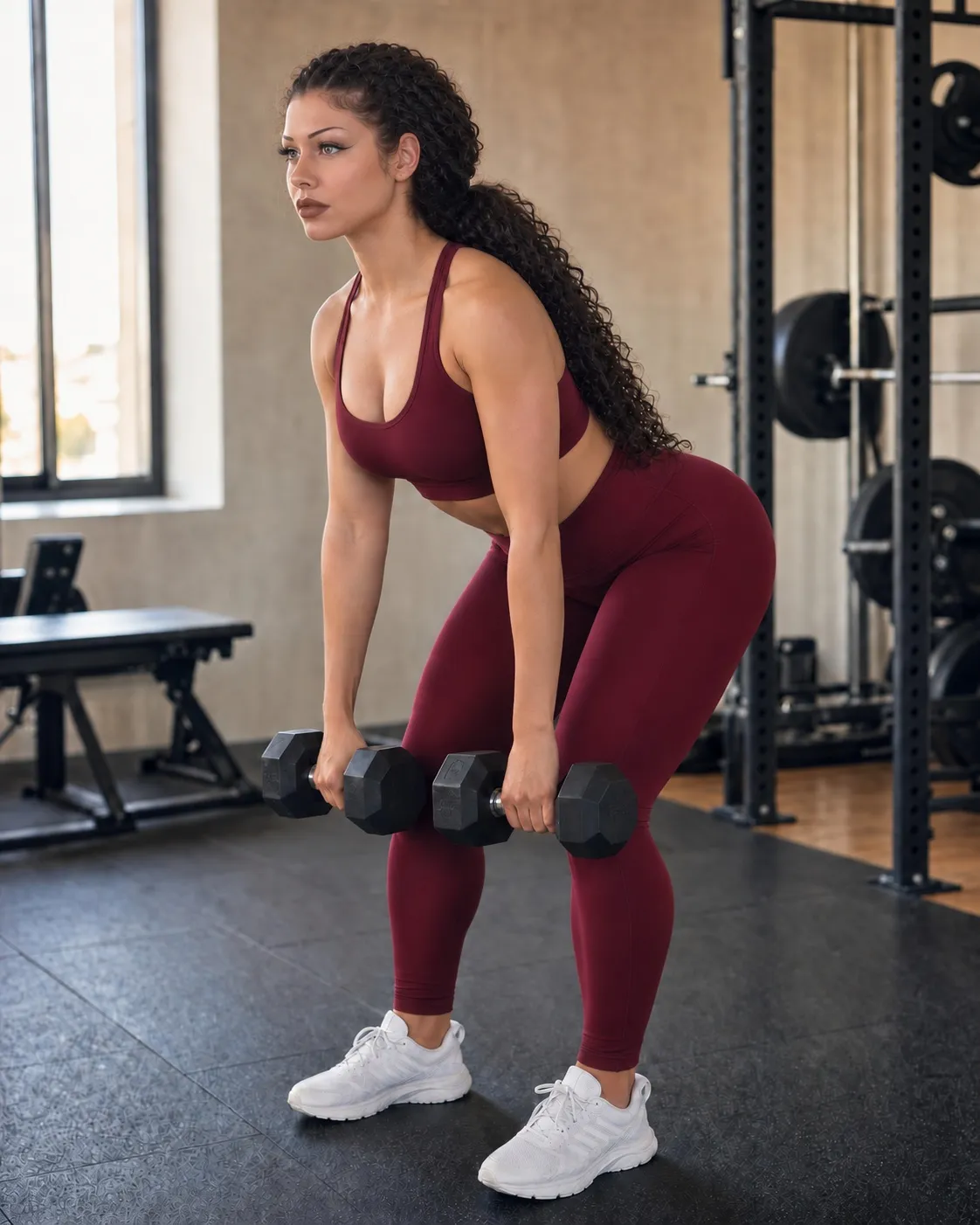 AI stand-in for Ariah, to be replaced. Ariah mid-rep on a dumbbell Romanian deadlift, focused
