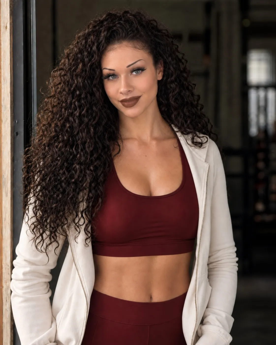 AI stand-in for Ariah, to be replaced. Ariah in a gym doorway, relaxed smile