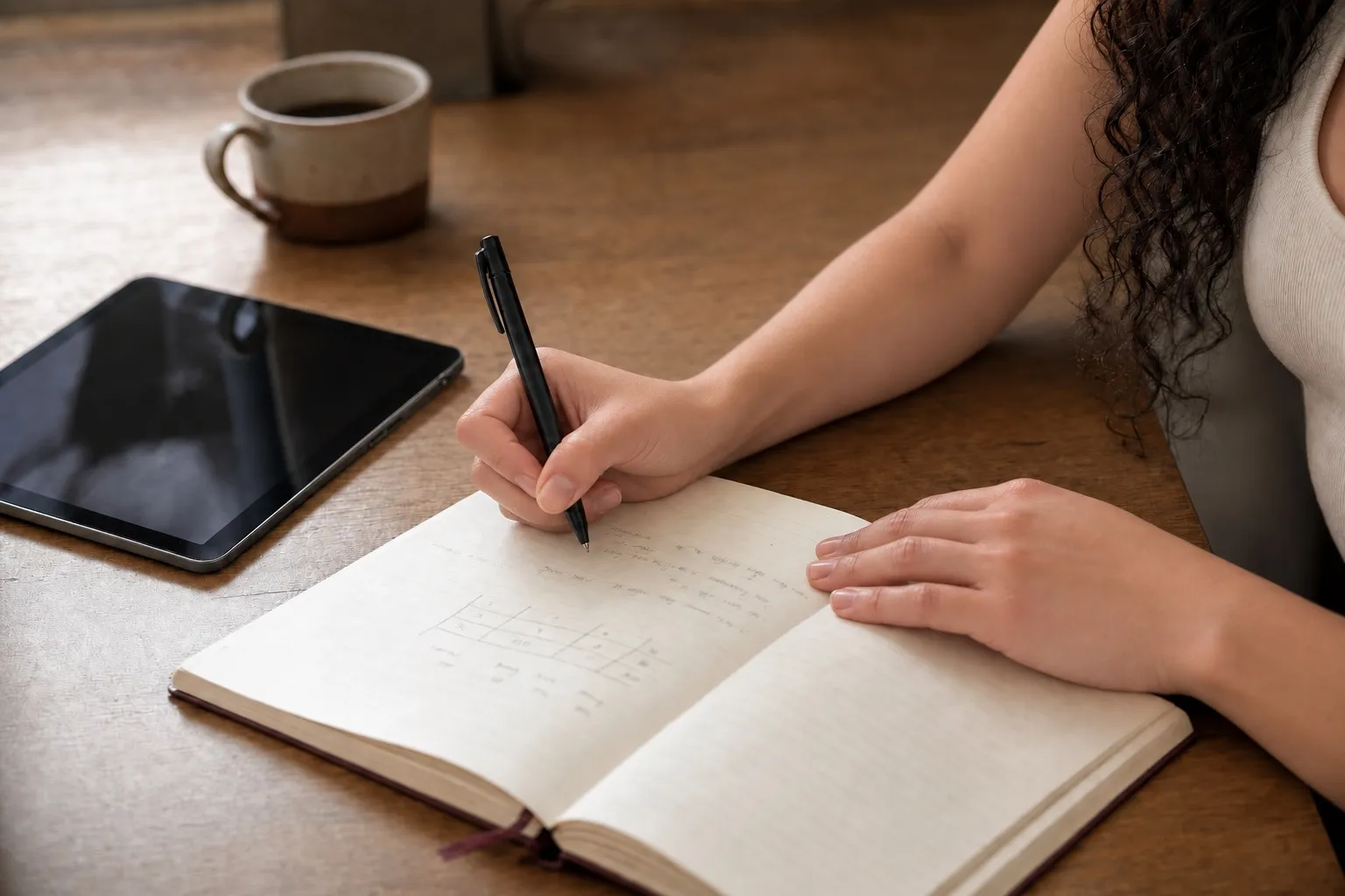AI stand-in for Ariah, to be replaced. Ariah writing a training plan in a notebook